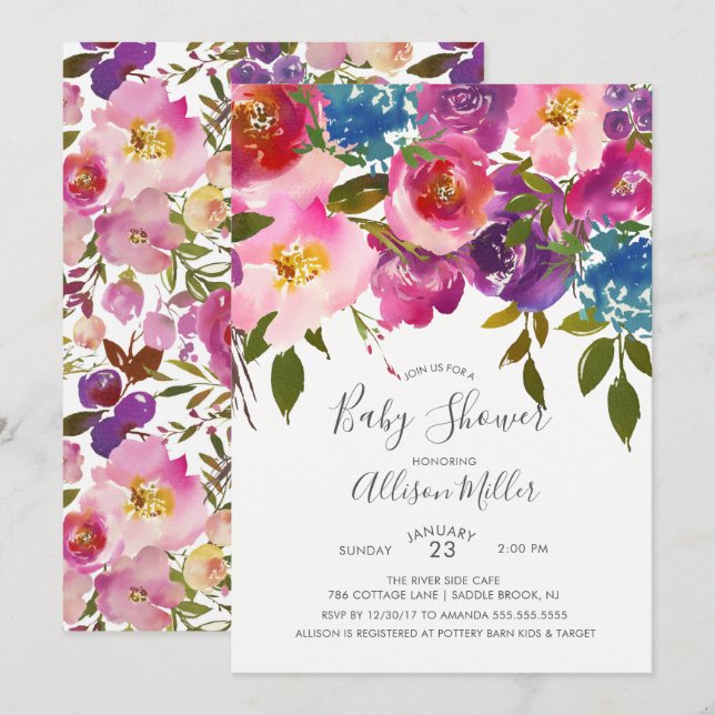Purple &  Pink Floral Baby Shower Invitation (Front/Back)