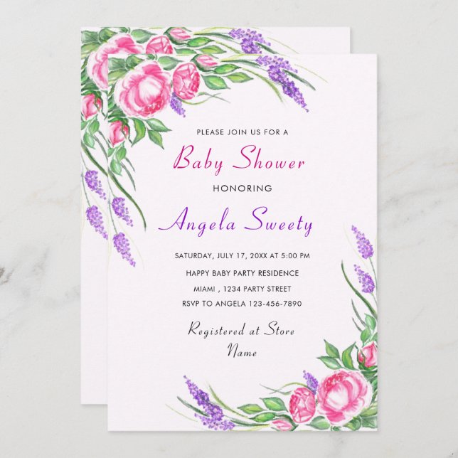 Purple Pink Floral Baby Shower Invitation (Front/Back)