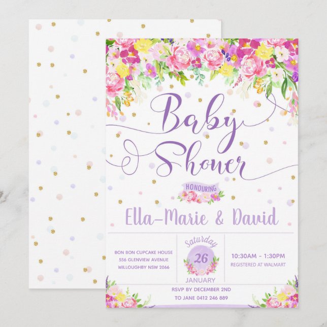 Purple Pink Floral Baby Shower Invitations Girl (Front/Back)