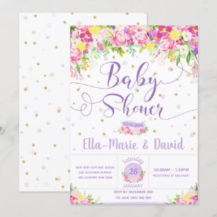 Purple Pink Floral Baby Shower Invitations Girl