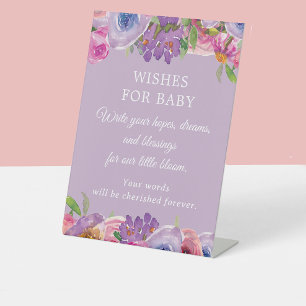 Purple Pink Floral Baby Shower Wishes for Baby Pedestal Sign