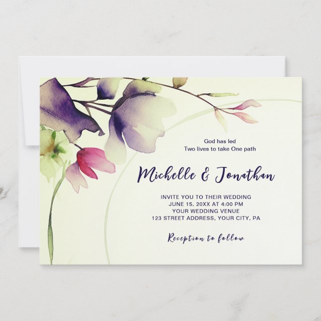 Purple Pink Floral Bible Verse Christian Wedding Invitation (Front)