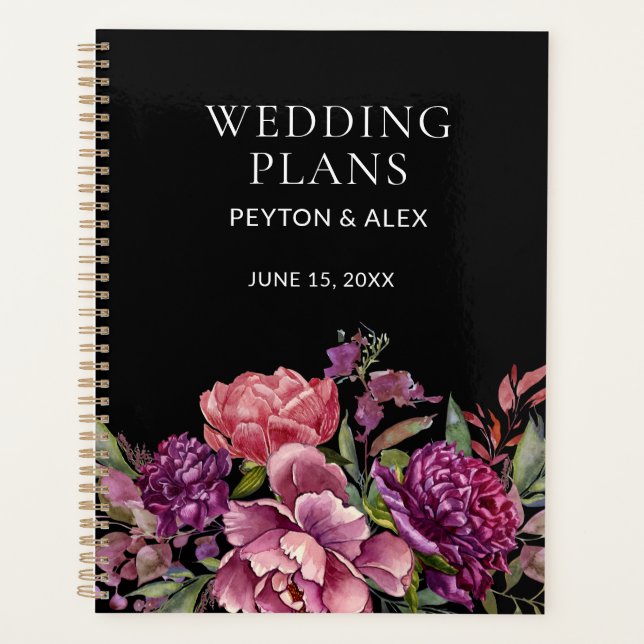 Purple Pink Floral Black Botanical Wedding Plans Planner (Front)