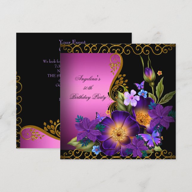 Purple Pink Floral Black Gold Birthday Party Invitation (Front/Back)