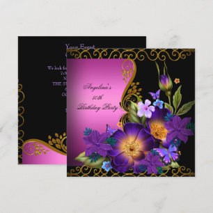 Purple Pink Floral Black Gold Birthday Party Invitation