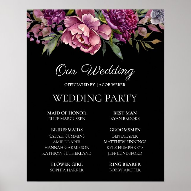 Purple Pink Floral Black Wedding Party  Poster (Front)