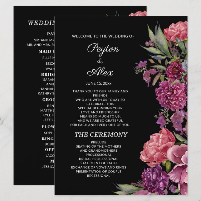 Purple Pink Floral Black Wedding Party Programme (Front/Back)