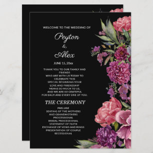 Purple Pink Floral Black Wedding Party Programme