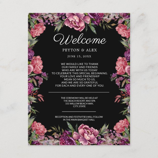 Purple Pink Floral Black Wedding Welcome  Enclosure Card (Front)