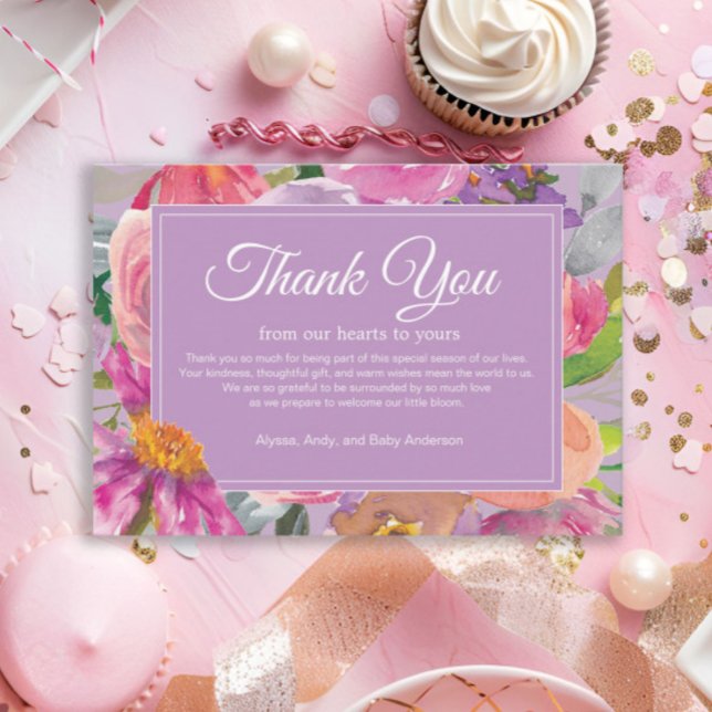 Purple Pink Floral Books for Baby Shower Thank You Card (Pink and purple watercolor floral "Little Bloom" baby girl shower thank you card)
