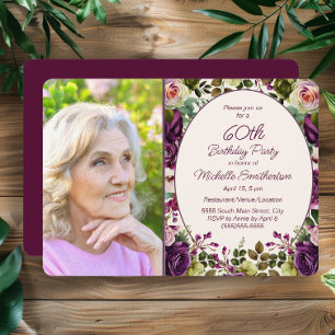 Purple Pink Floral Botanical 60th Birthday Photo Invitation