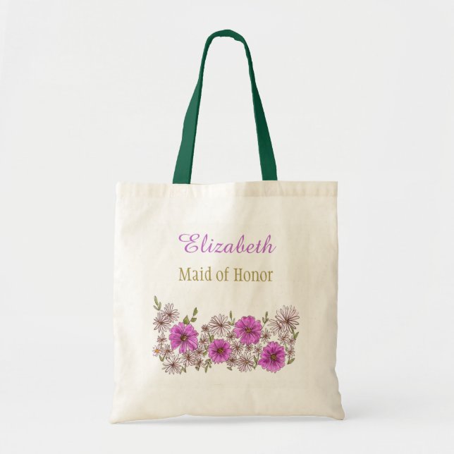 Purple Pink Floral Bridal Bridesmaid with Name Tote Bag (Front)