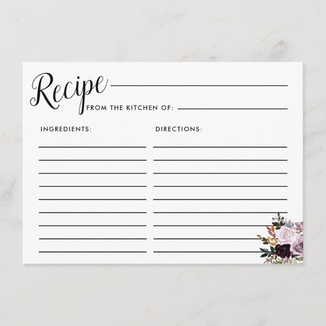 Purple Pink Floral Bridal Recipe Card (Front)