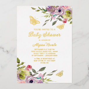 Purple Pink Floral Butterflies Gold Foil Baby