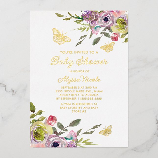 Purple Pink Floral Butterflies Gold Foil Baby (Front)