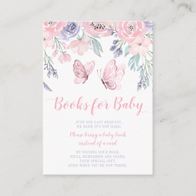 Purple Pink Floral Butterfly Baby Book Request Enclosure Card (Front)