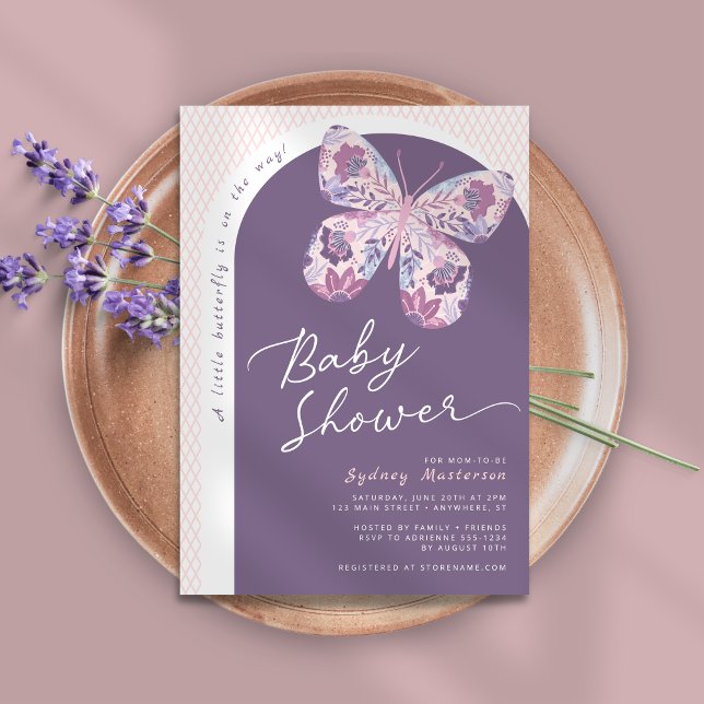 Purple Pink Floral Butterfly Baby Shower Invitation (Shown on a 5" x 7" card)