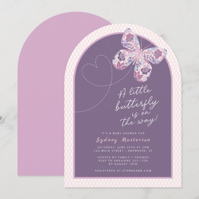 Purple Pink Floral Butterfly Baby Shower Invitation (Front/Back)