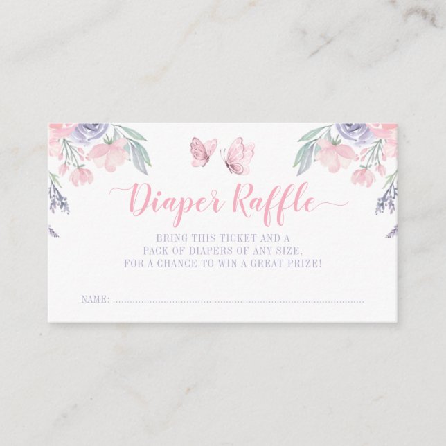 Purple Pink Floral Butterfly Diaper Raffle Ticket Enclosure Card (Front)