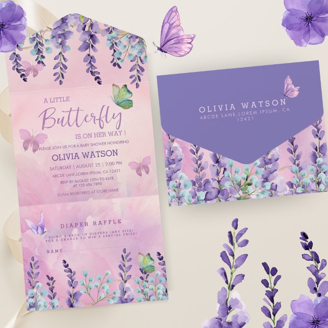 Purple Pink Floral Butterfly Girl Baby Shower  All In One Invitation (Creator Uploaded)