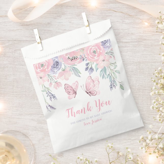 Purple Pink Floral Butterfly Girl Baby Shower Favour Bags (Clipped)