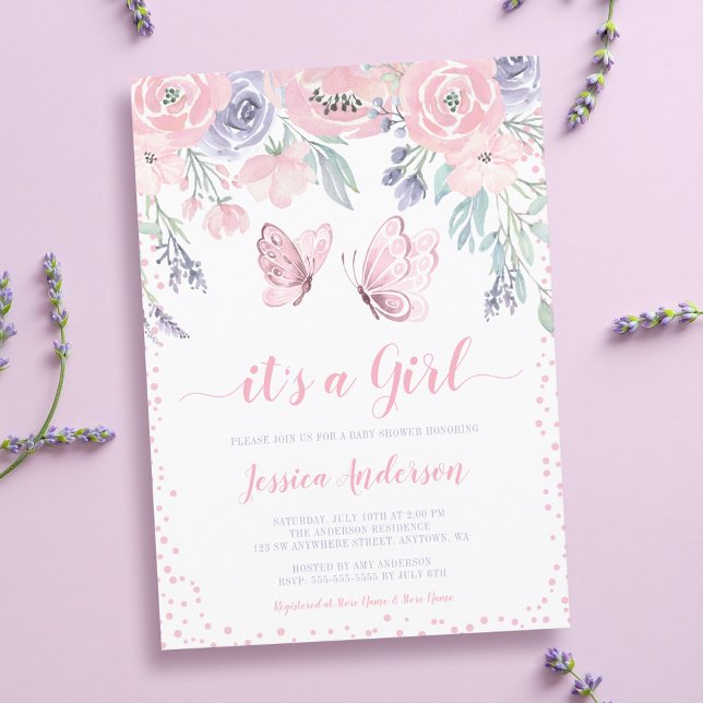 Purple Pink Floral Butterfly Girl Baby Shower Invitation (Creator Uploaded)