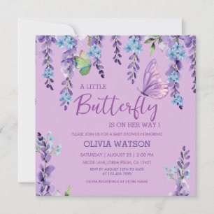 Purple Pink Floral Butterfly Girl Baby Shower Invitation