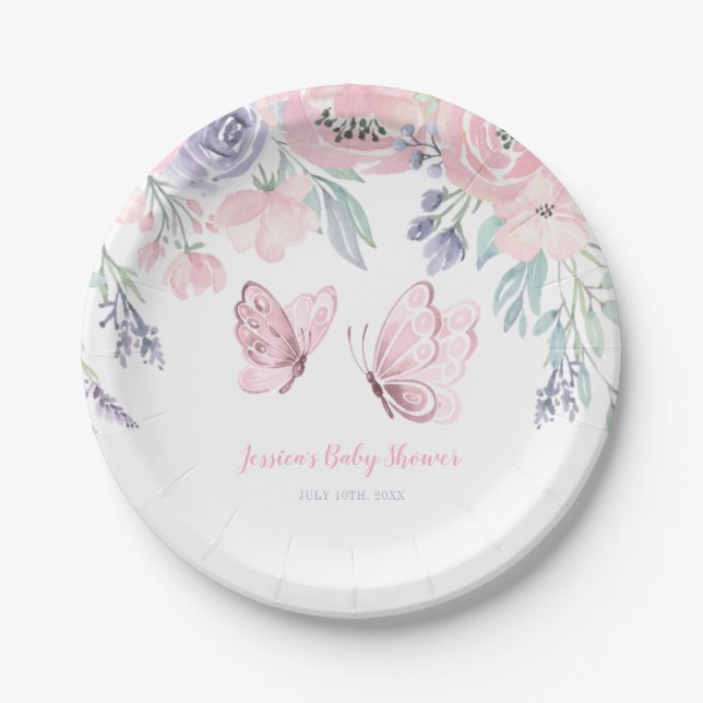 Purple Pink Floral Butterfly Girl Baby Shower Paper Plate (Front)