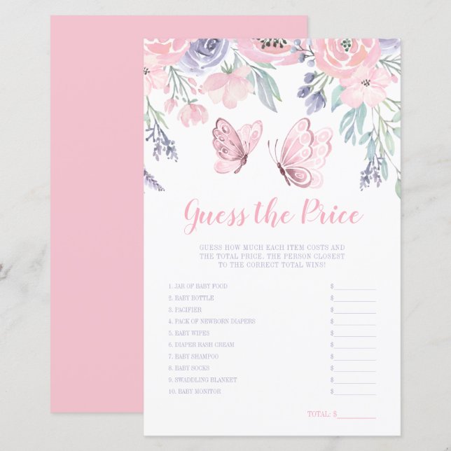 Purple Pink Floral Butterfly Guess the Price Game (Front/Back)