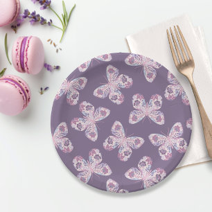 Purple Pink Floral Butterfly Patterned Baby Shower Paper Plate