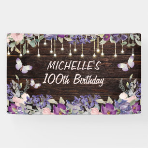 Purple Pink Floral Butterfly Rustic 100th Birthday Banner