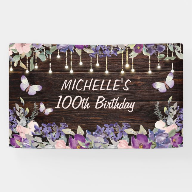 Purple Pink Floral Butterfly Rustic 100th Birthday Banner (Horizontal)
