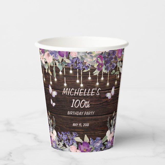 Purple Pink Floral Butterfly Rustic 100th Birthday Paper Cups (Front)