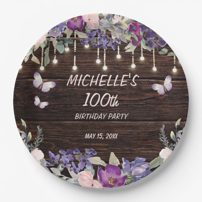 Purple Pink Floral Butterfly Rustic 100th Birthday Paper Plate (Front)