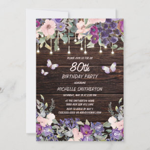 Purple Pink Floral Butterfly Rustic 80th Birthday Invitation