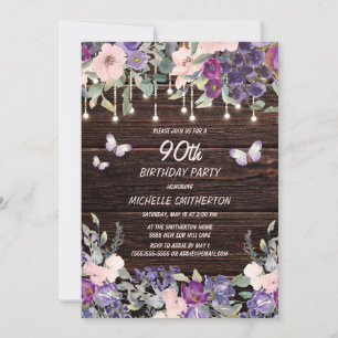 Purple Pink Floral Butterfly Rustic 90th Birthday Invitation