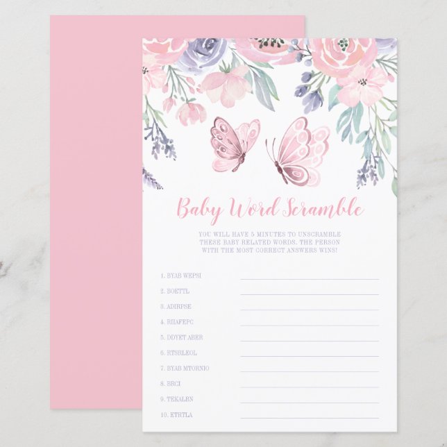 Purple Pink Floral Butterfly Word Scramble Game (Front/Back)
