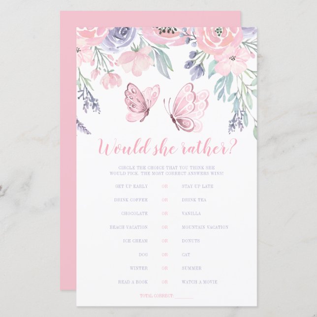 Purple Pink Floral Butterfly Would She Rather Game (Front/Back)