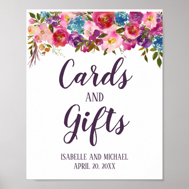 Purple & Pink Floral Cards & Gifts Wedding Sign (Front)