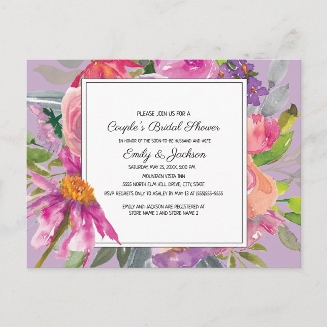 Purple Pink Floral Couple's Bridal Shower Postcard (Front)