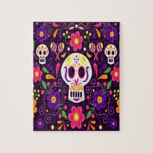 Purple Pink Floral Day Of The Dead Jigsaw Puzzle