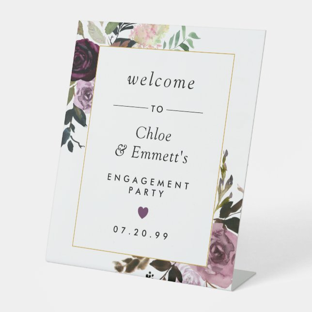Purple Pink Floral Engagement Party Welcome Pedestal Sign (Front)