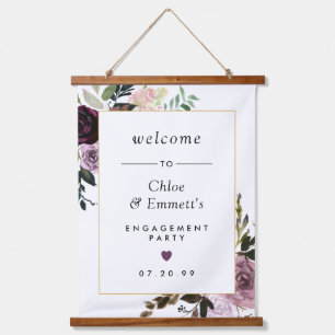 Purple Pink Floral Engagement Party Welcome Sign Hanging Tapestry