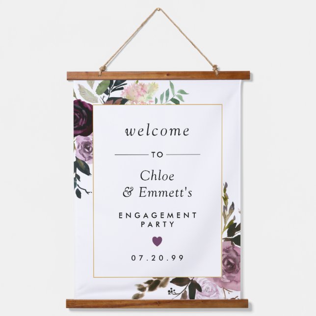 Purple Pink Floral Engagement Party Welcome Sign Hanging Tapestry (Front)