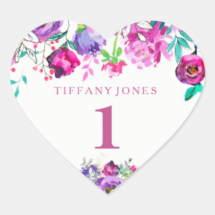 Purple Pink Floral Girl 1st Birthday Love heart Heart Sticker