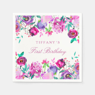 Purple Pink Floral Girl 1st Birthday Napkin