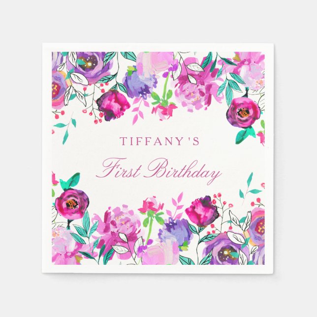 Purple Pink Floral Girl 1st Birthday Napkin (Front)