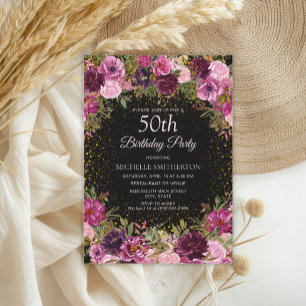Purple Pink Floral Glitter Black 50th Birthday Invitation