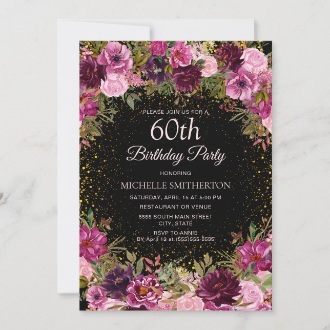Purple Pink Floral Glitter Black 60th Birthday Invitation (Front)
