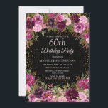 Purple Pink Floral Glitter Black 60th Birthday Invitation<br><div class="desc">Elegant and romantic pink and purple watercolor vintage roses/floral and foliage on black custom 60th birthday party invitation with gold glitter.  Personalised with the name of the guest of honour.</div>